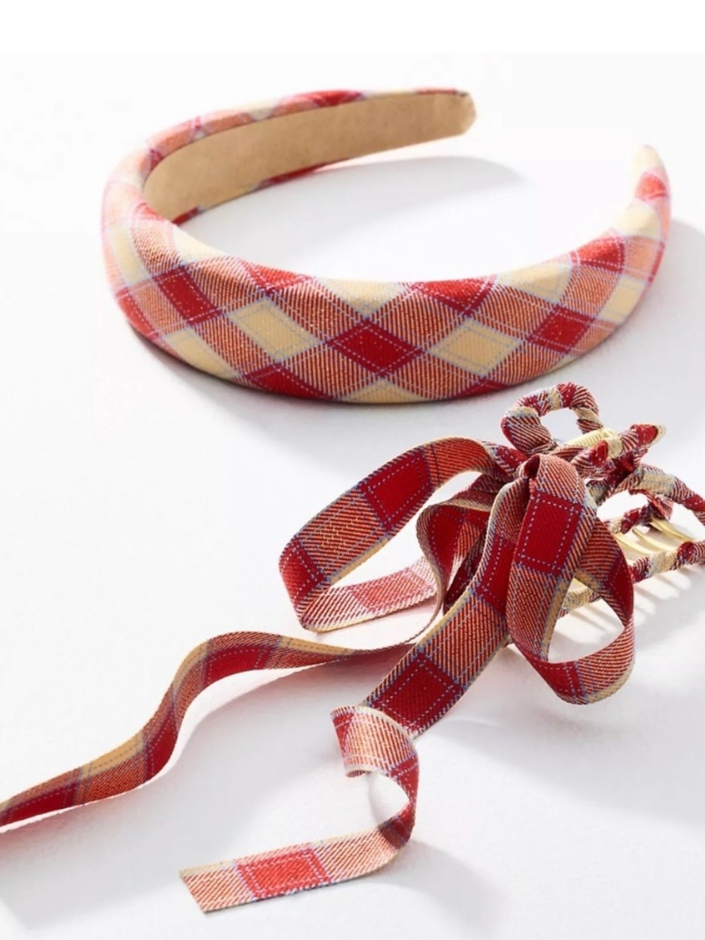 NWT Anthropologie Plaid Headband & Bow Hair Clip in Red